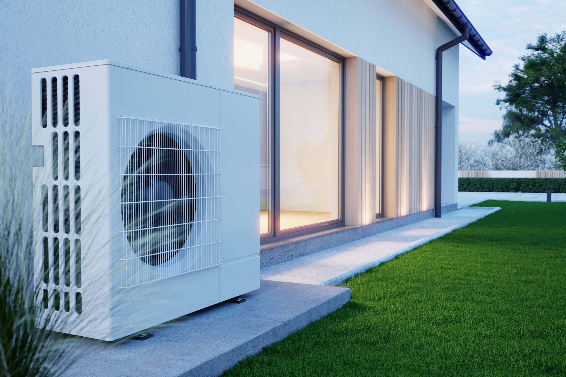 Heat pump next to the house and solar panels on the roof. 3D illustration